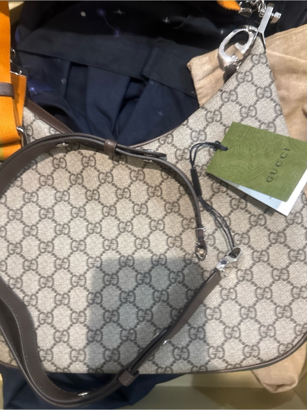 Gucci/Beige GG Supreme Shoulder Hobo Bag with Removable Striped Strap/NWT! - Picture 5 of 16